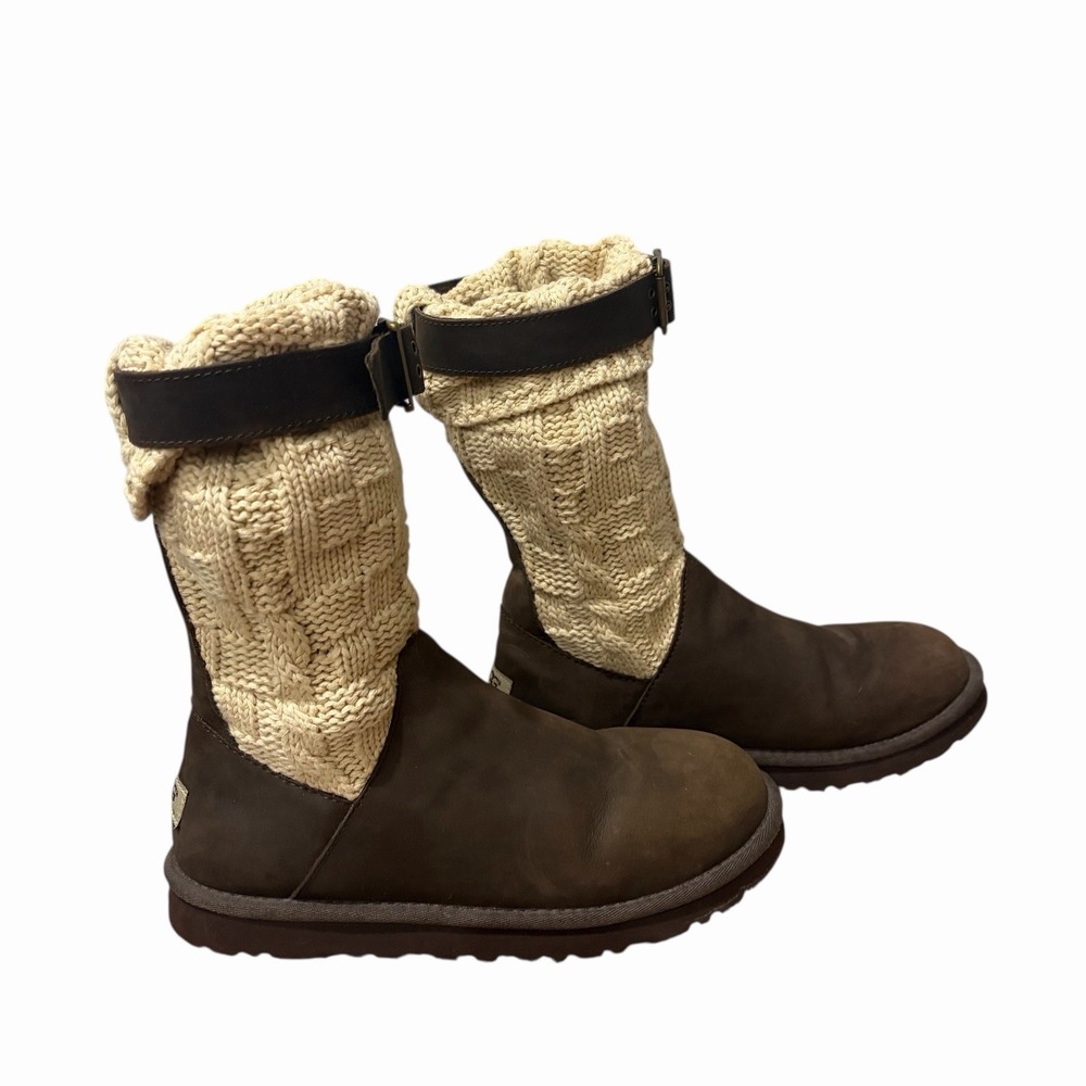 UGG Cassidee Knit Leather Brown Beige Winter Boots Size 9 1007690 Buckle Pull On